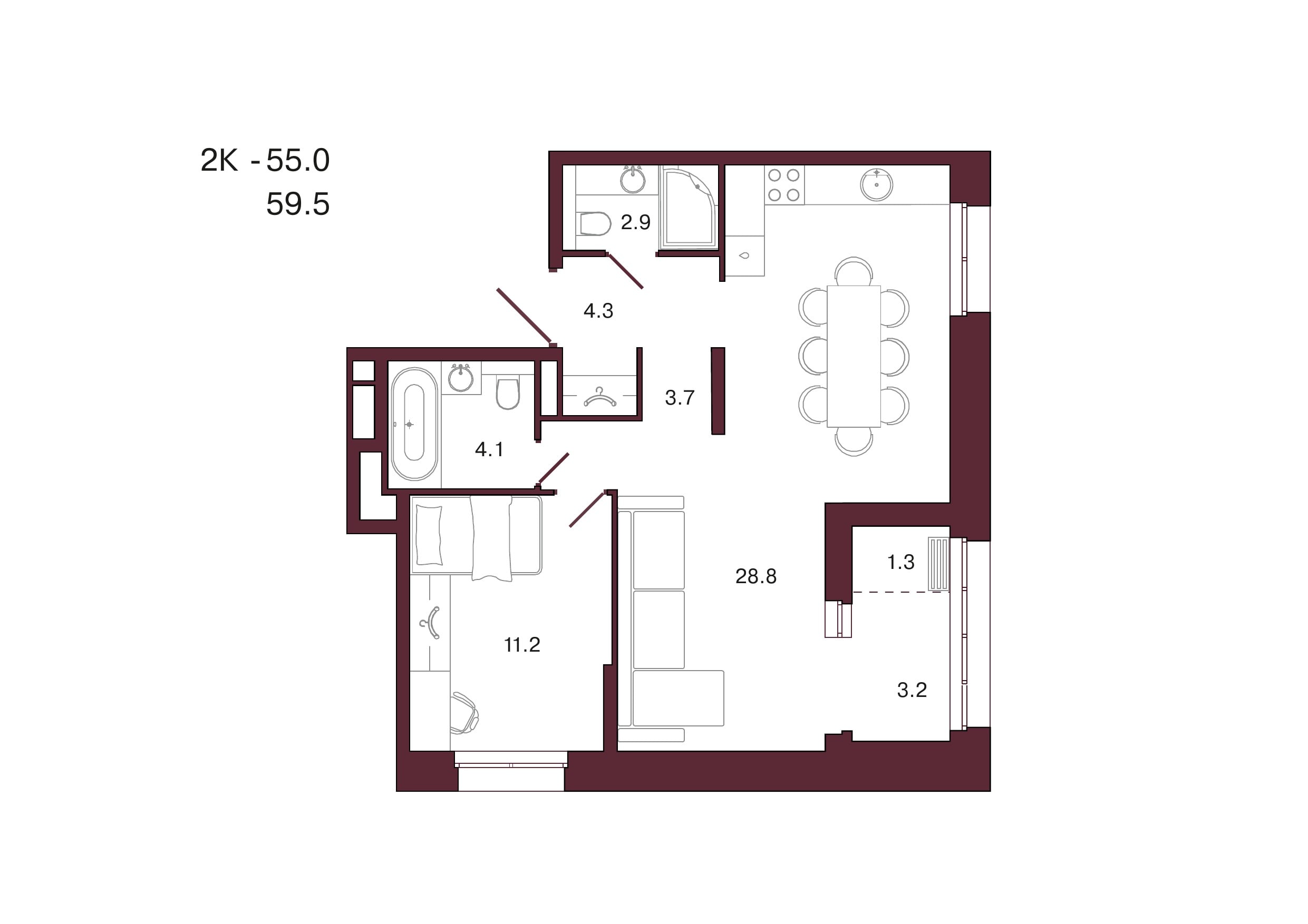 Планировка 1-комнатной квартиры 59,5 м², 4 этаж, башня 1