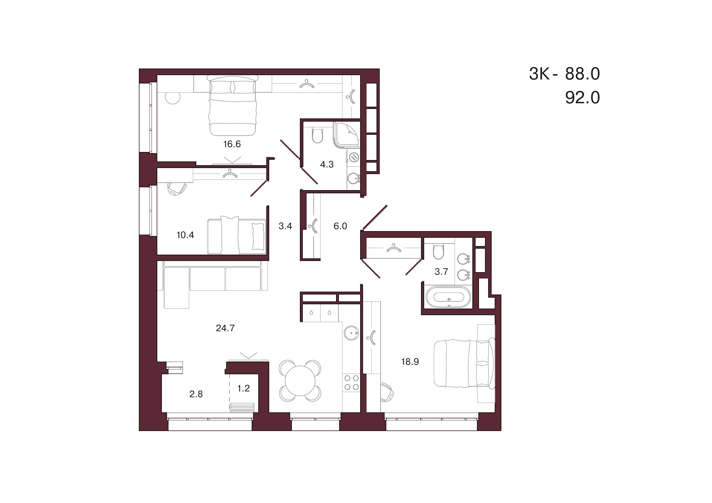 Планировка 3-комнатной квартиры 92 м², 4 этаж, башня 1