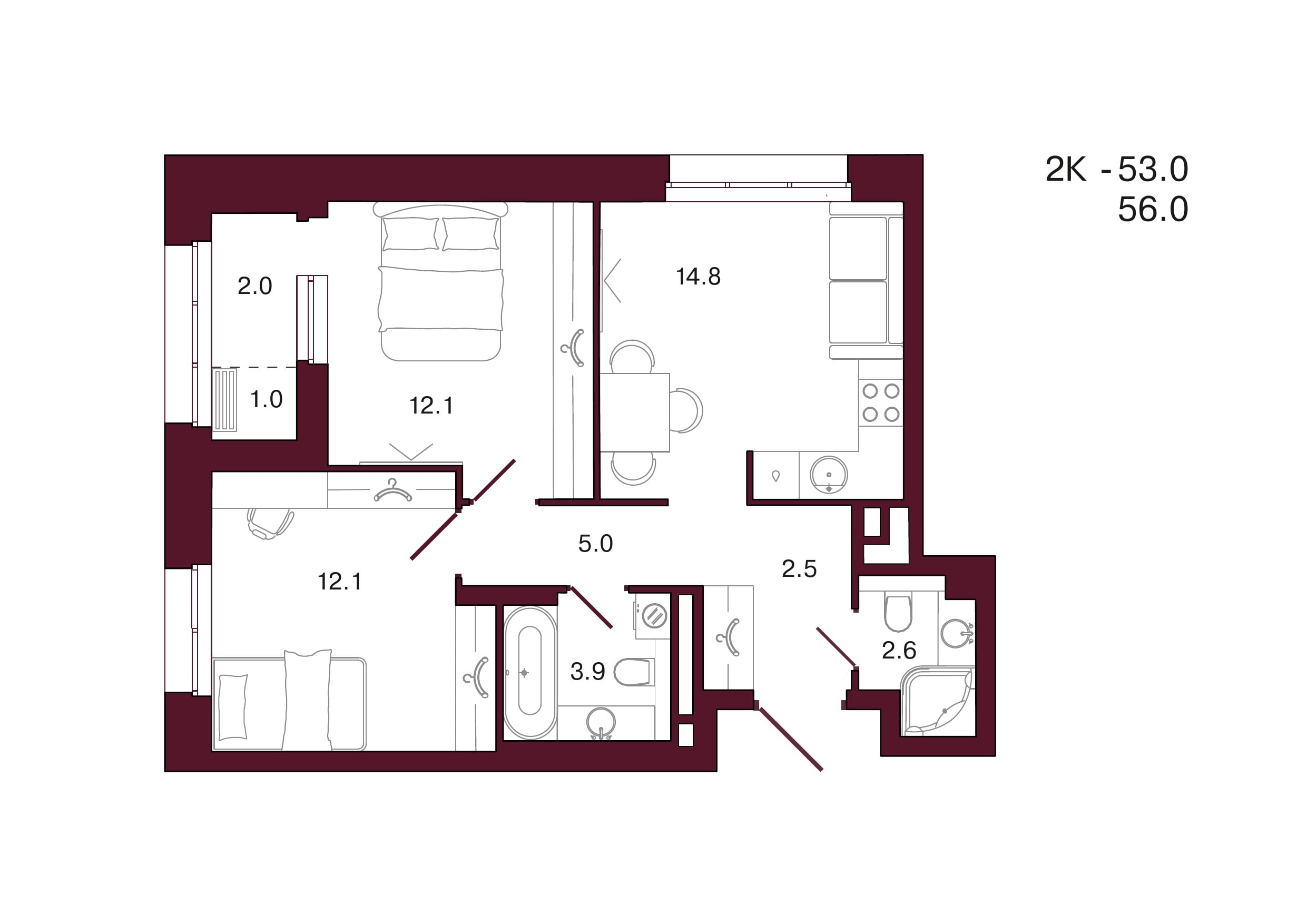 Планировка 2-комнатной квартиры 56 м², 2 этаж, башня 2
