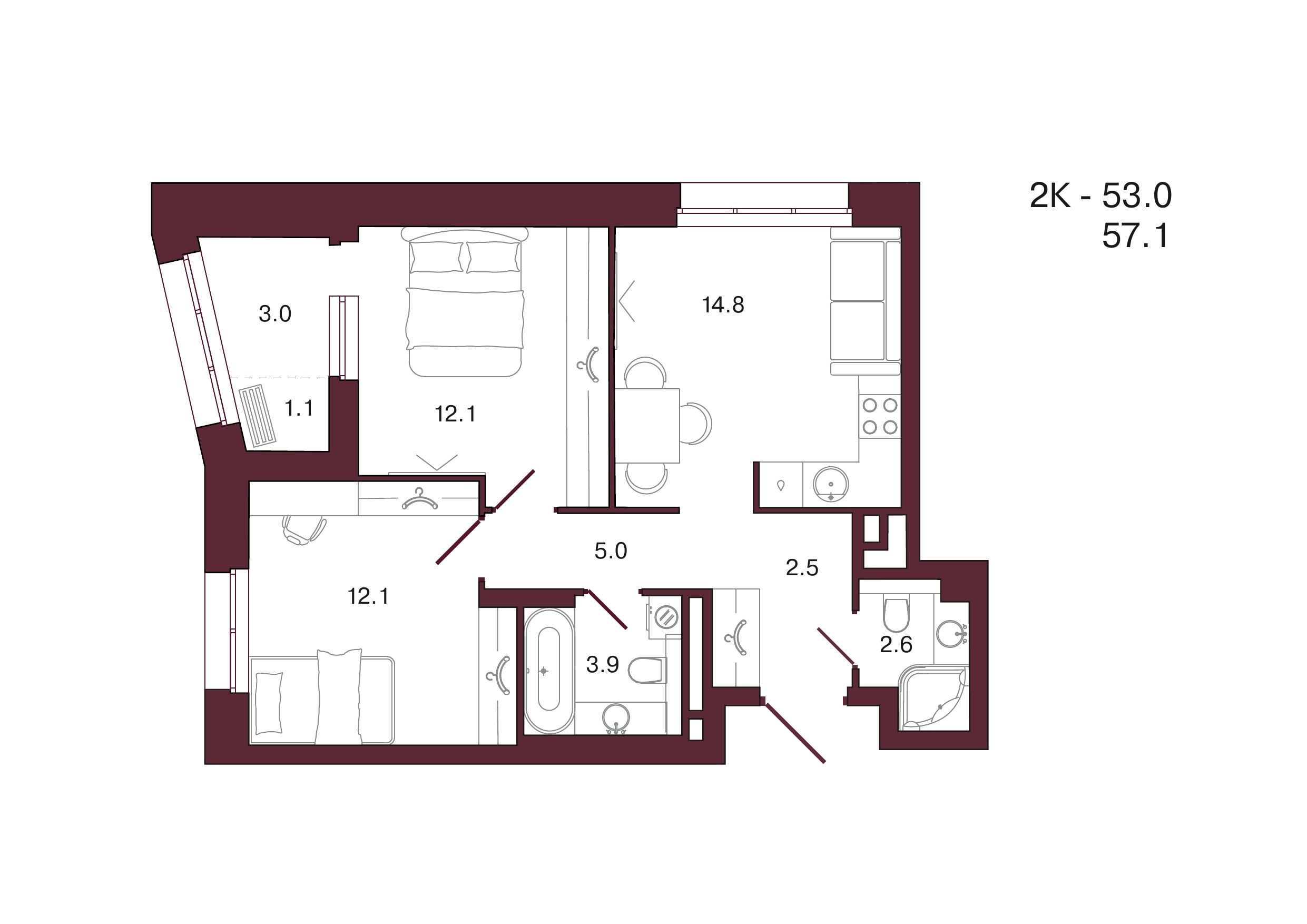 Планировка 2-комнатной квартиры 57,1 м², 14 этаж, башня 2