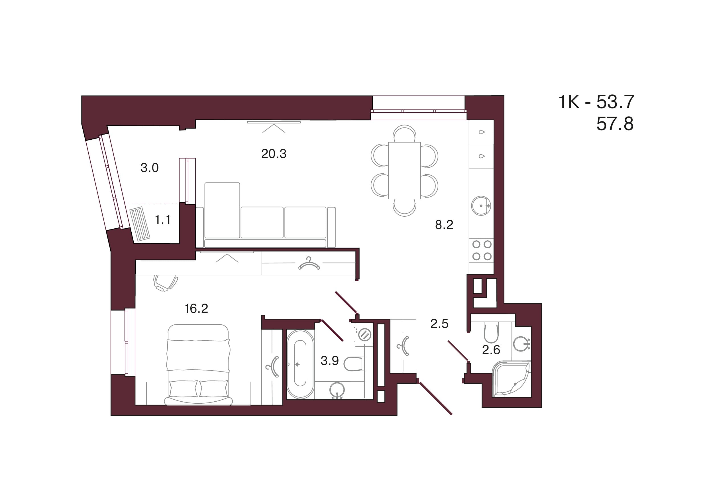 Планировка 1-комнатной квартиры 57,8 м², 16 этаж, башня 2