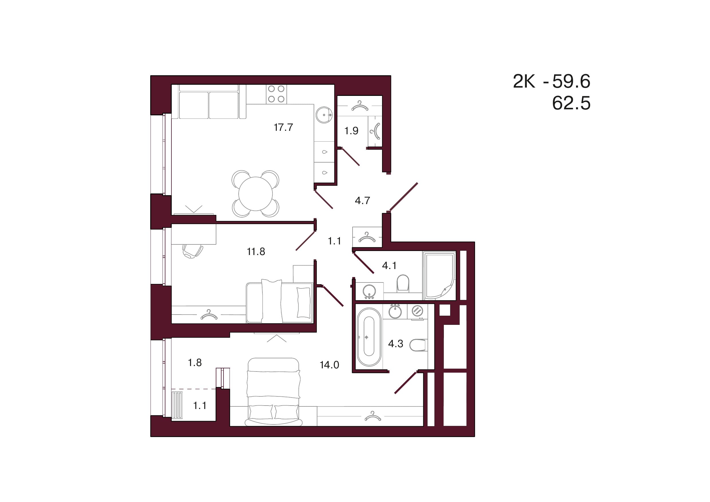 Планировка 2-комнатной квартиры 62,5 м², 2 этаж, башня 2