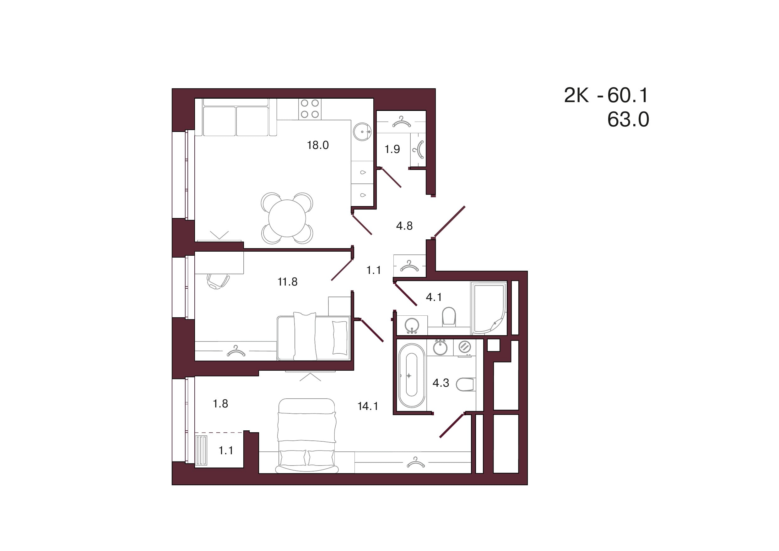 Планировка 2-комнатной квартиры 63 м², 7 этаж, башня 2