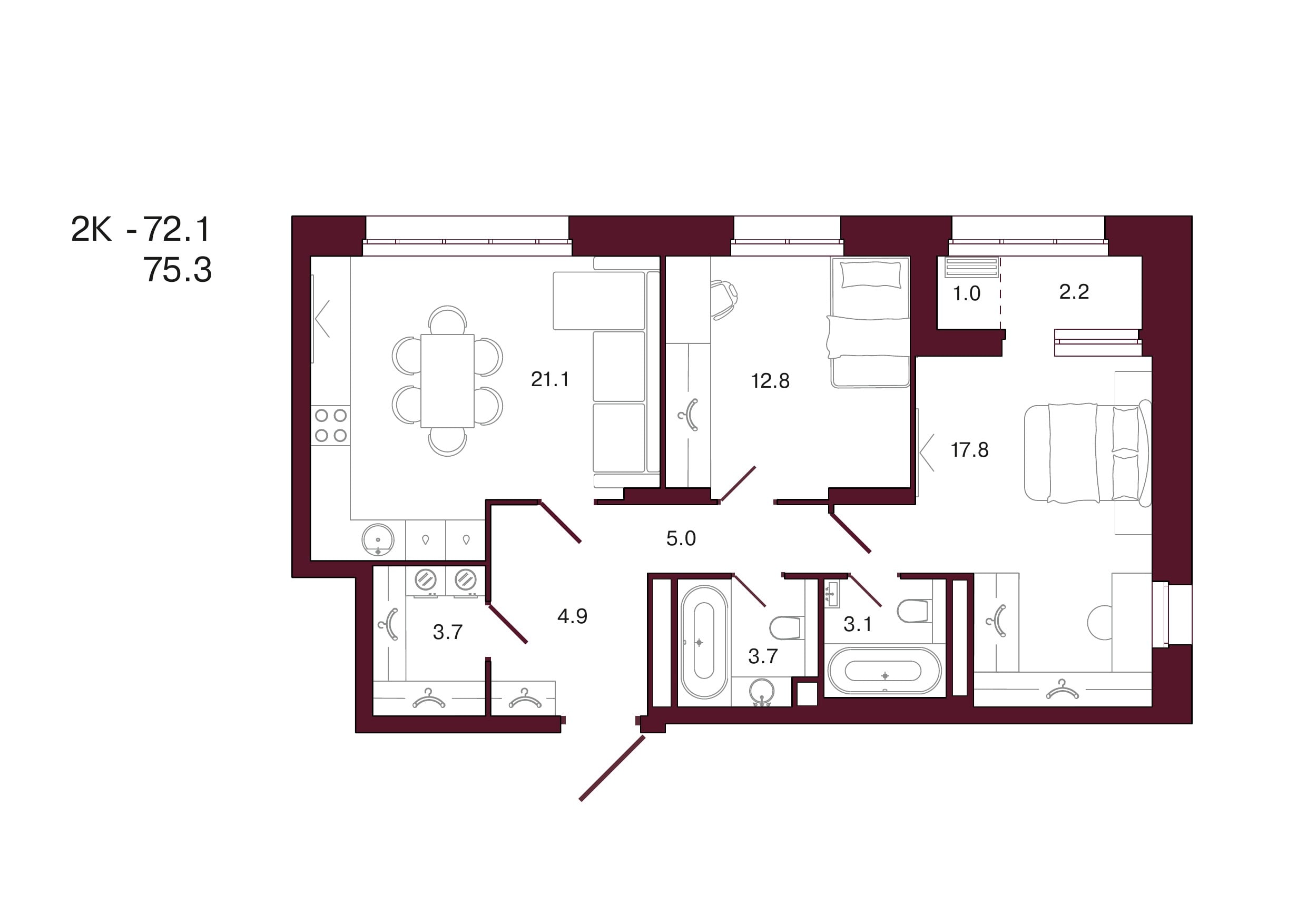 Планировка 2-комнатной квартиры 75,3 м², 2 этаж, башня 2
