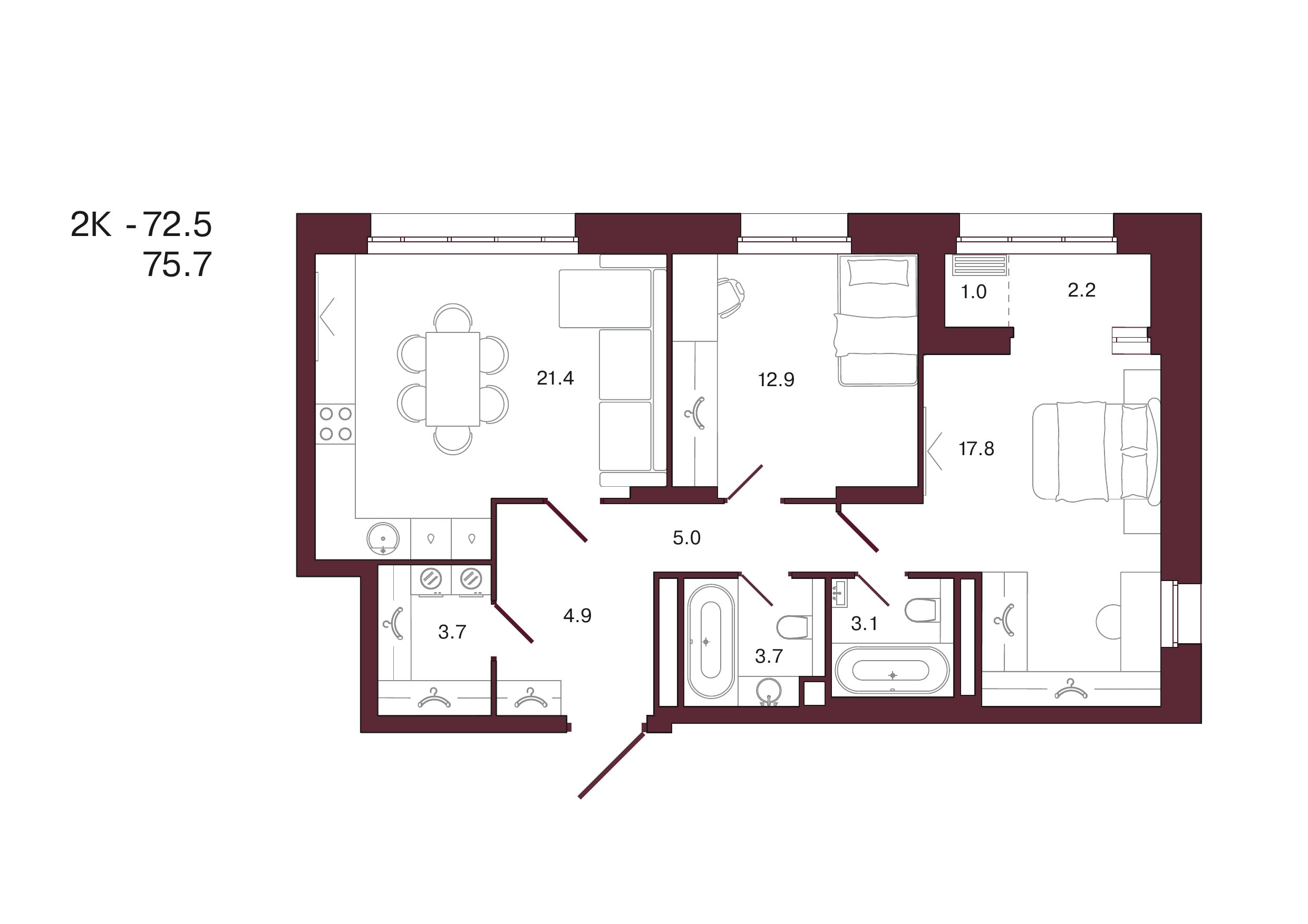 Планировка 2-комнатной квартиры 75,7 м², 7 этаж, башня 2