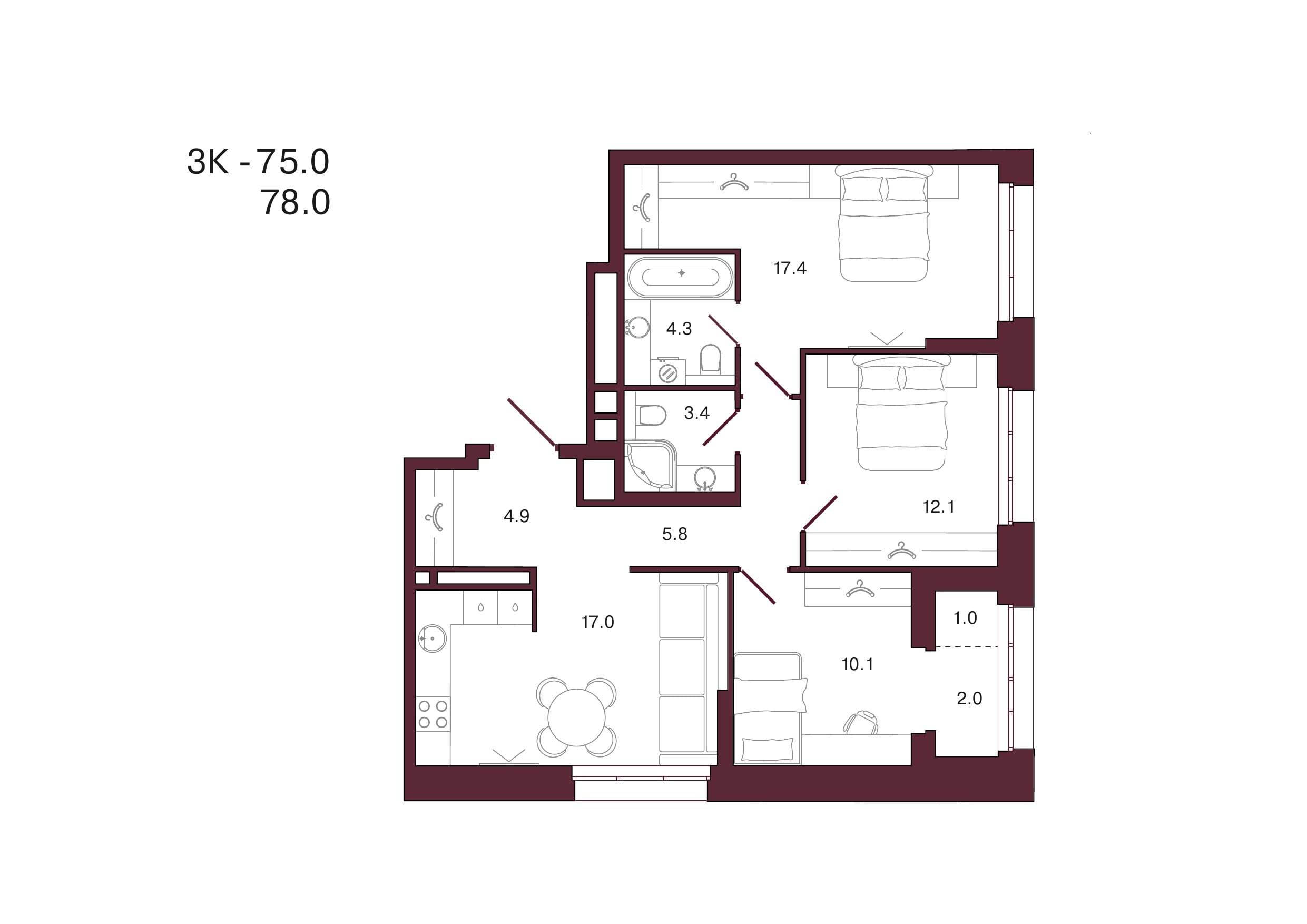 Планировка 3-комнатной квартиры 78 м², 9 этаж, башня 2