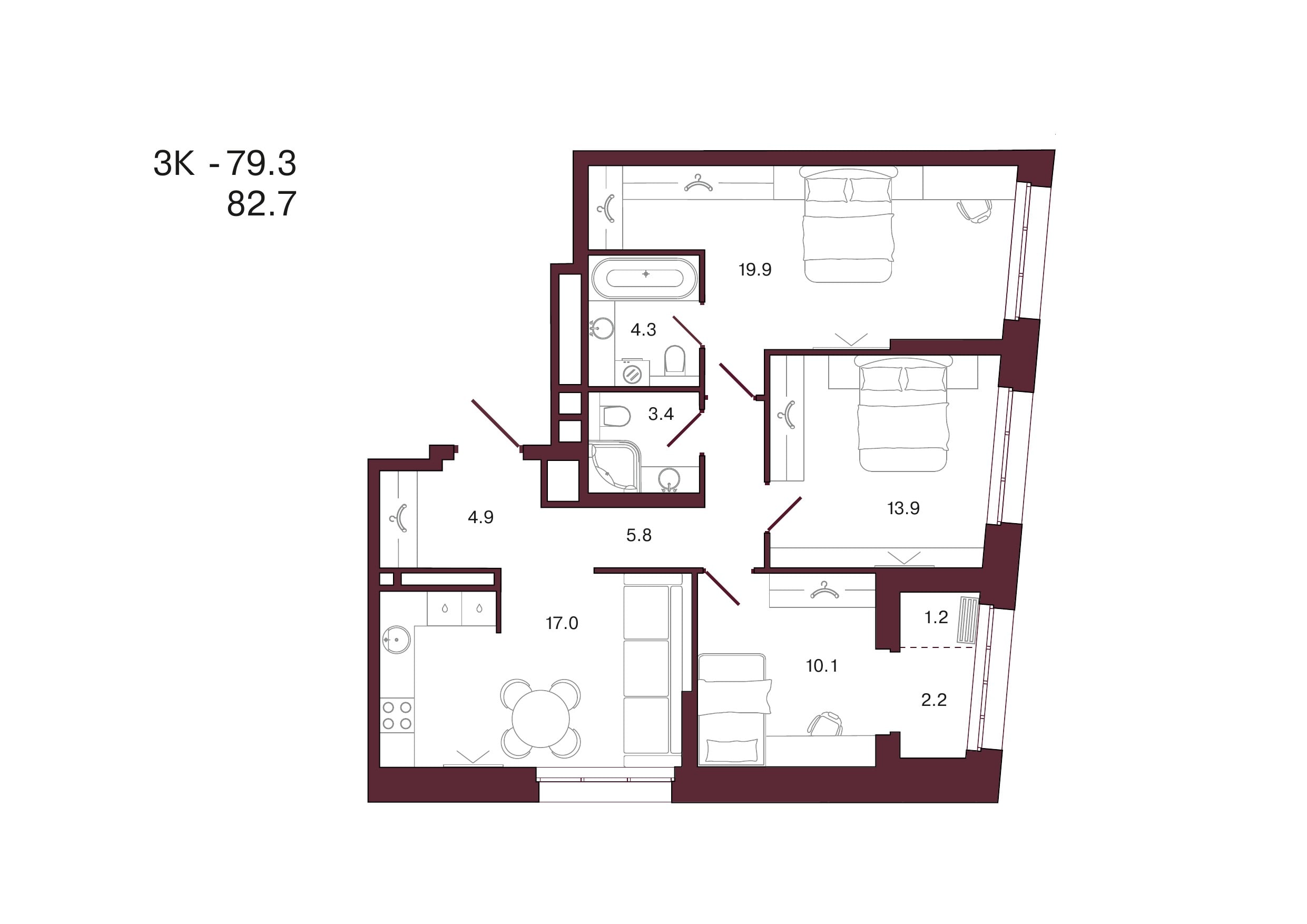 Планировка 3-комнатной квартиры 82,7 м², 7 этаж, башня 2