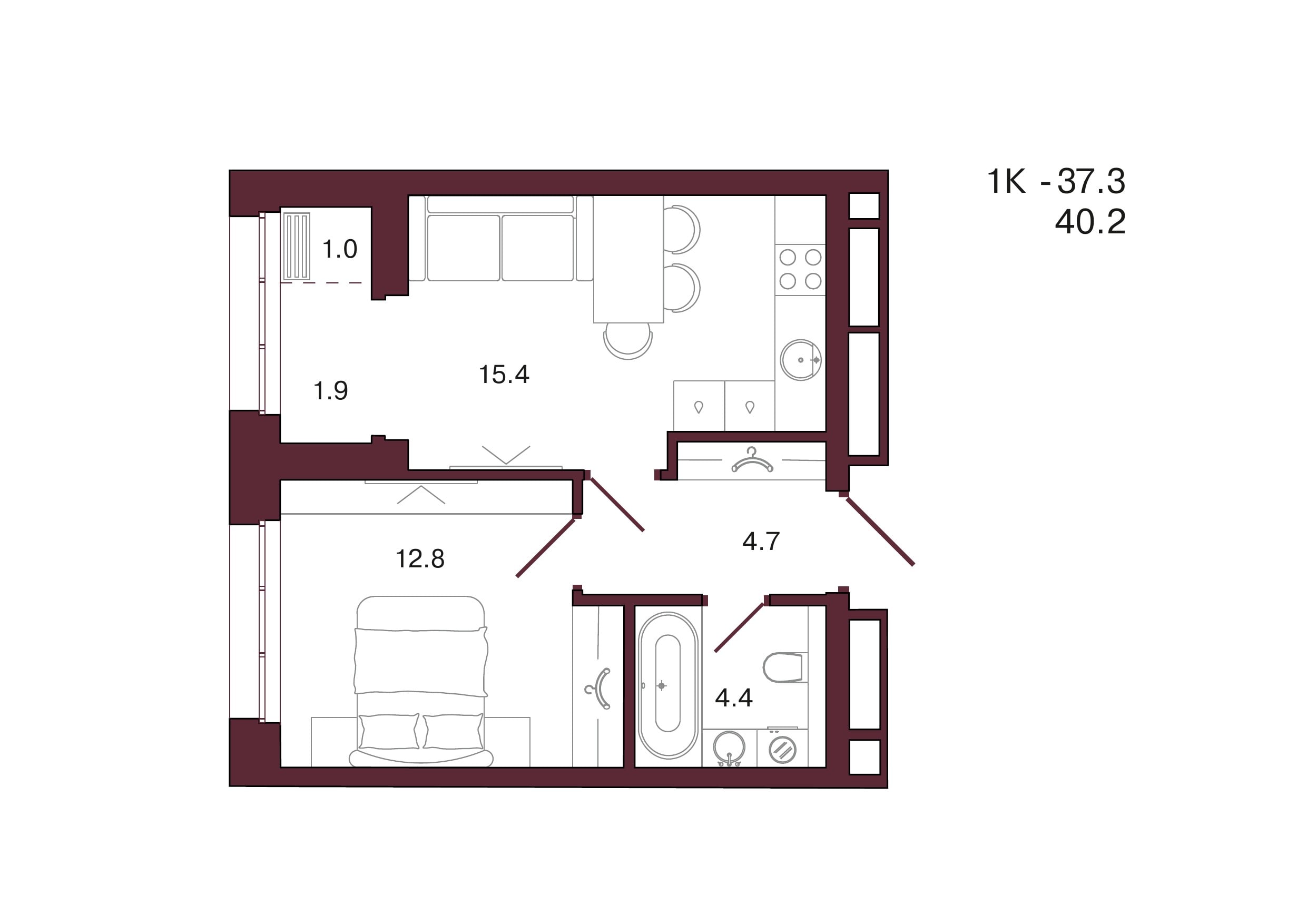 Планировка 1-комнатной квартиры 40,2 м², 18 этаж, башня 3