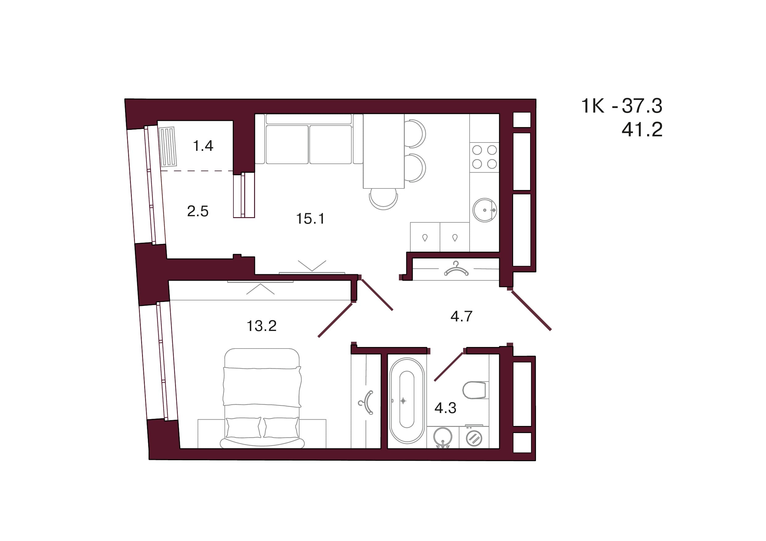 Планировка 1-комнатной квартиры 41,2 м², 2 этаж, башня 3