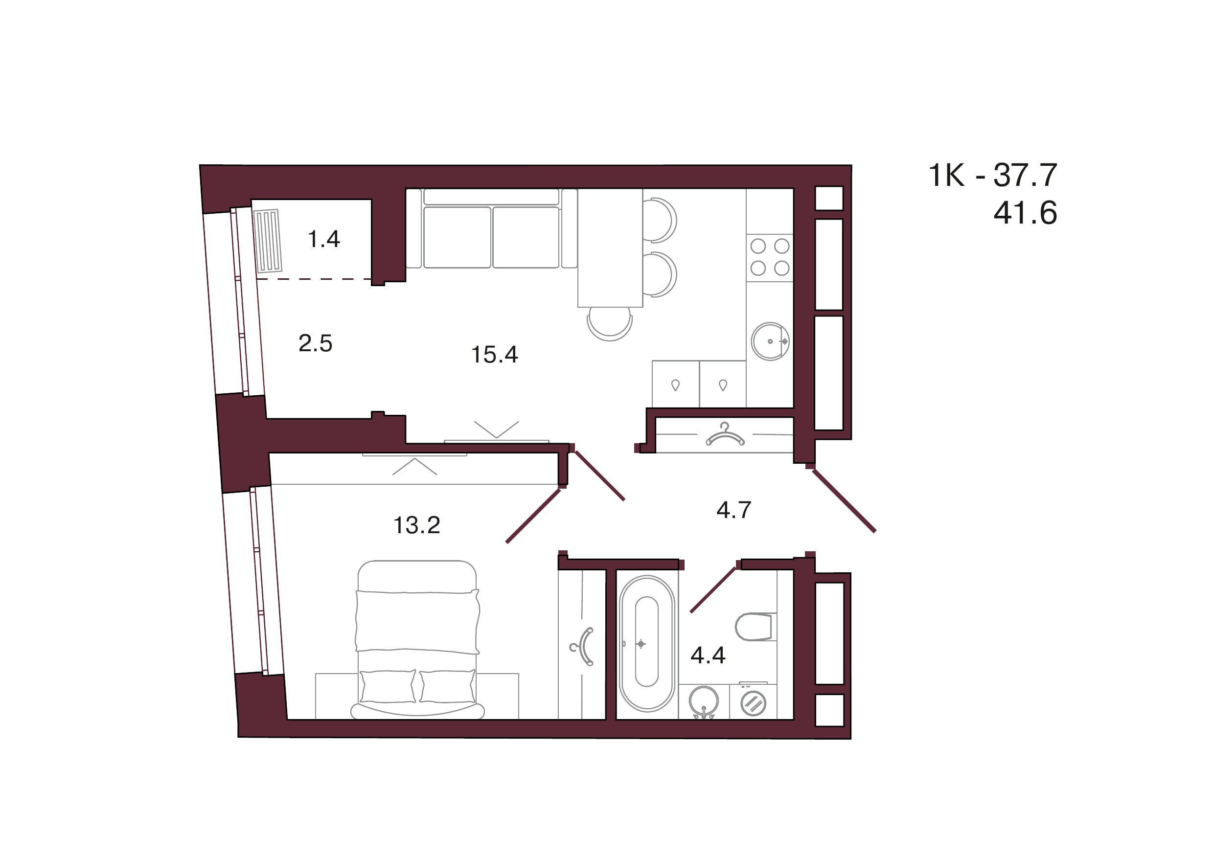 Планировка 1-комнатной квартиры 41,6 м², 7 этаж, башня 3