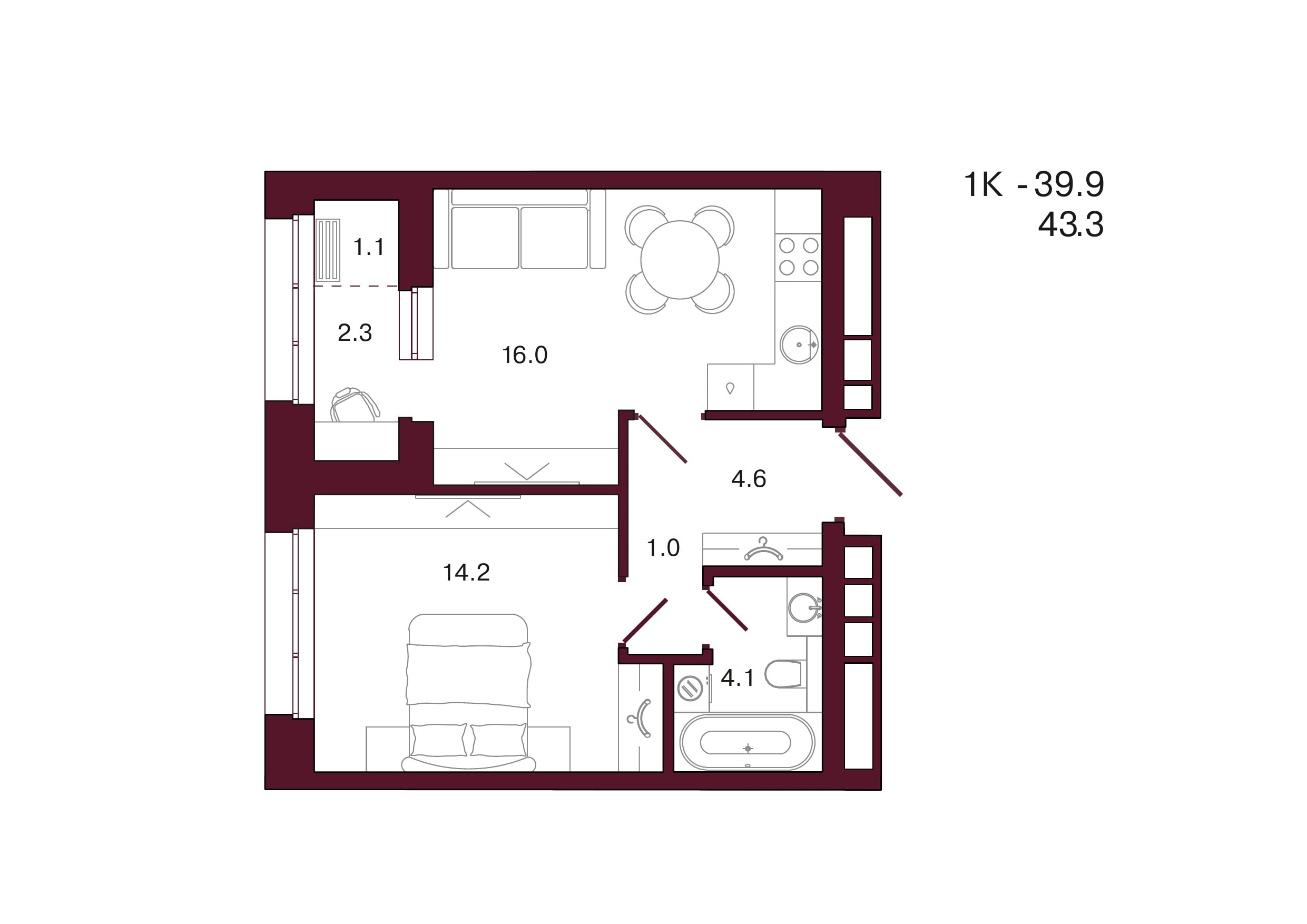 Планировка 1-комнатной квартиры 43,3 м², 2 этаж, башня 3