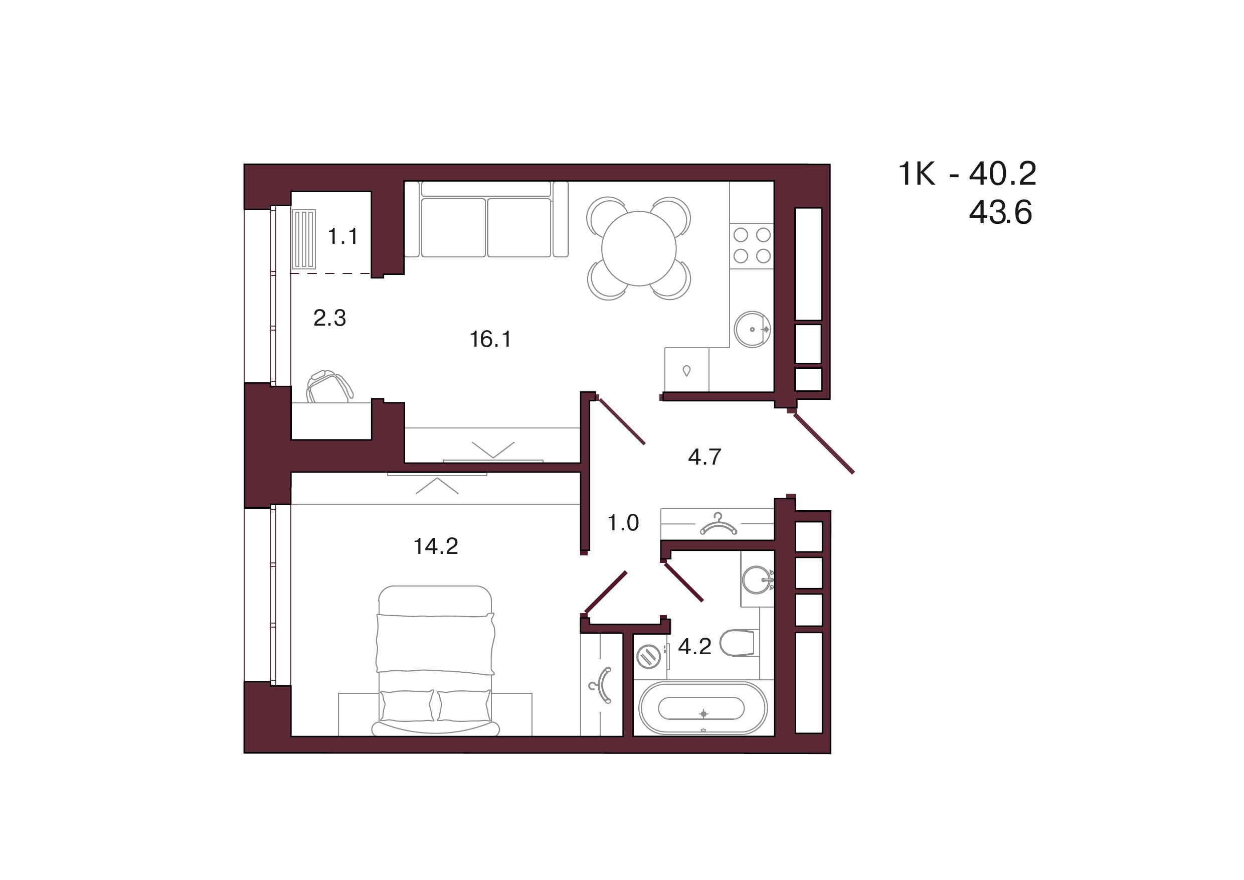 Планировка 1-комнатной квартиры 43,6 м², 7 этаж, башня 3