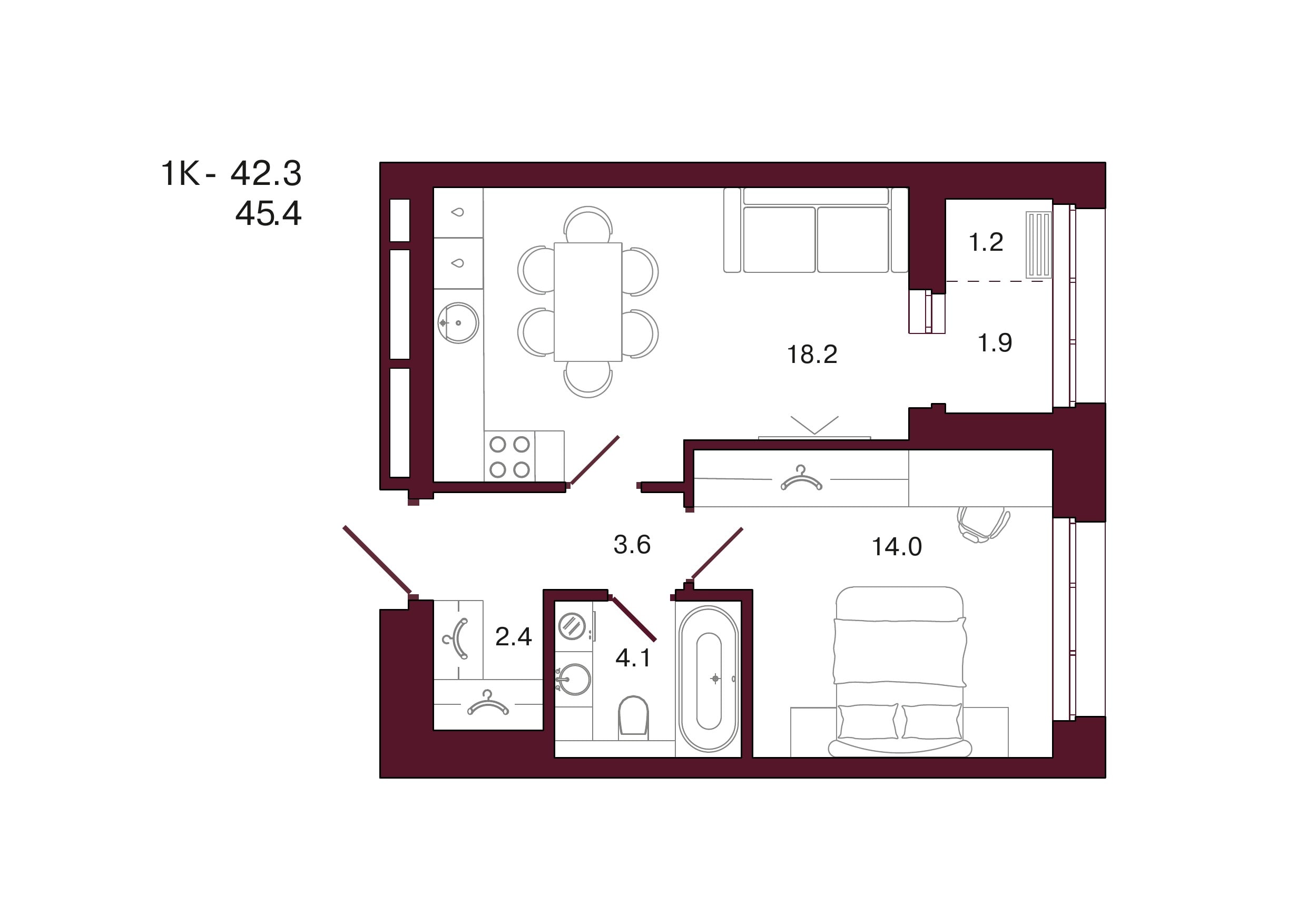 Планировка 1-комнатной квартиры 45,4 м², 2 этаж, башня 3