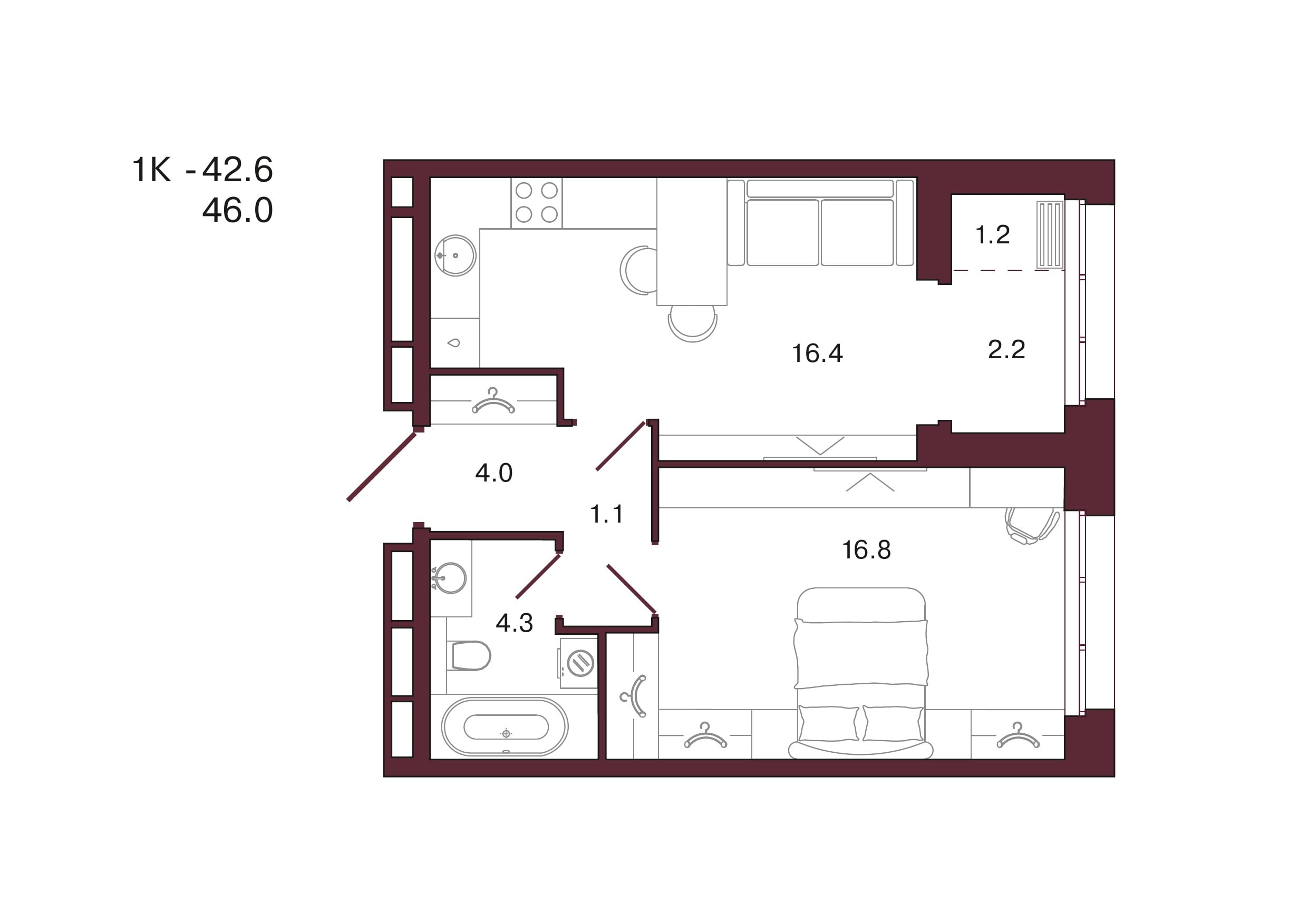 Планировка 1-комнатной квартиры 46 м², 17 этаж, башня 3