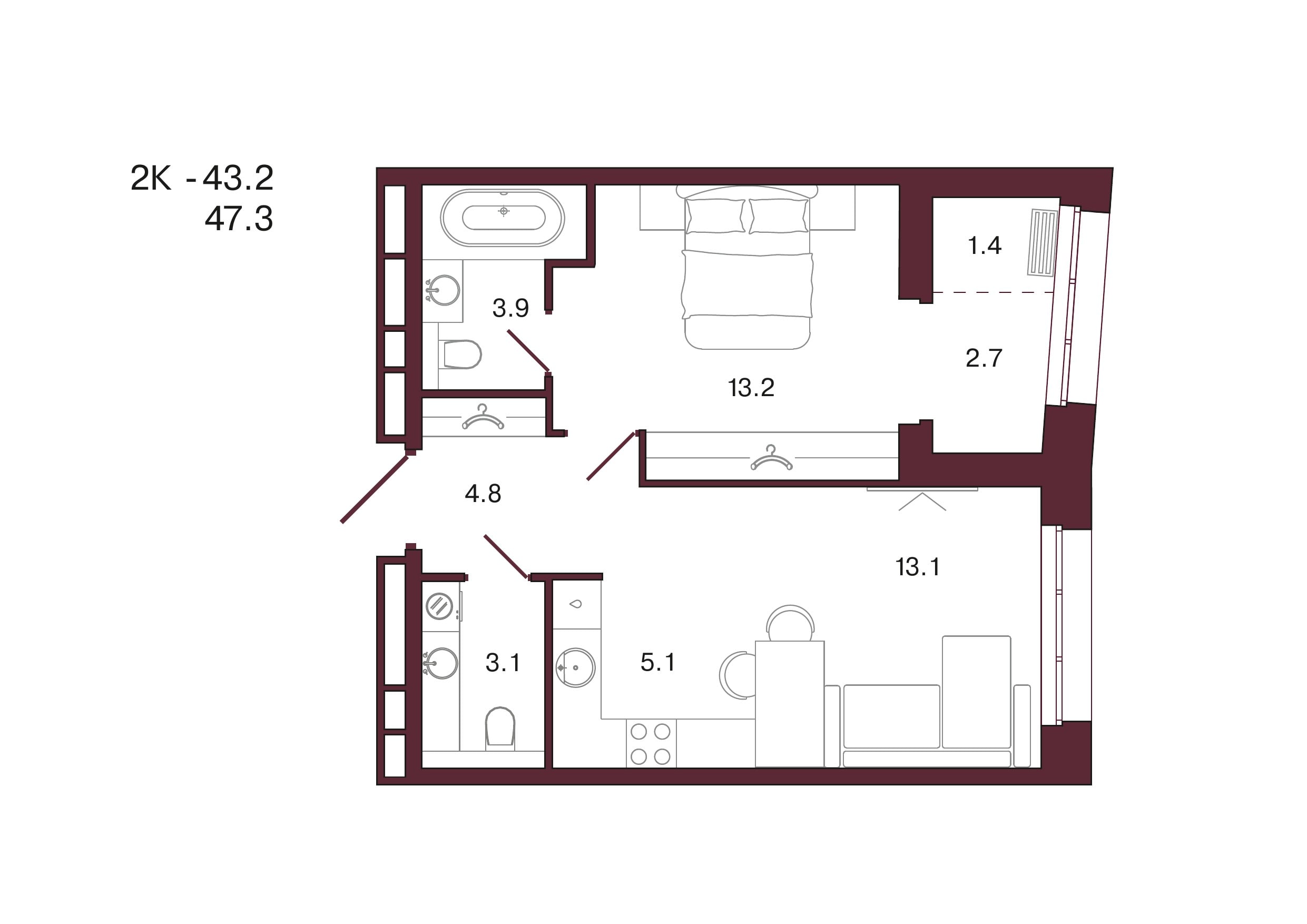 Планировка 2-комнатной квартиры 47,3 м², 8 этаж, башня 3