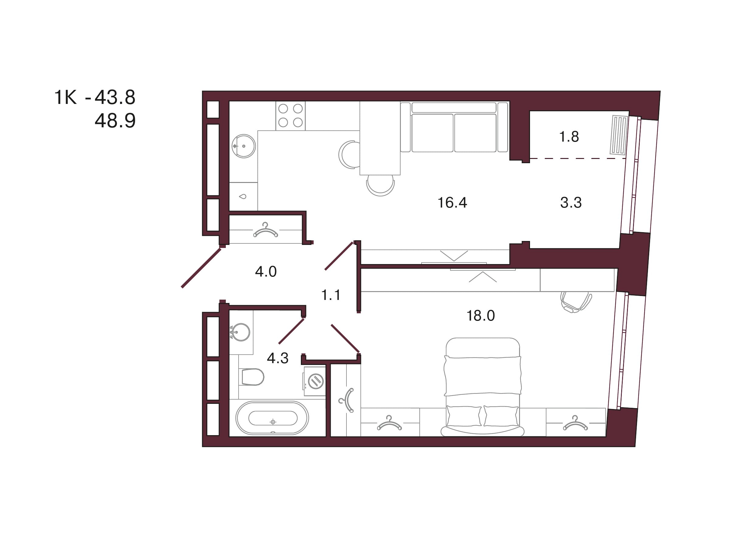 Планировка 1-комнатной квартиры 48,9 м², 8 этаж, башня 3