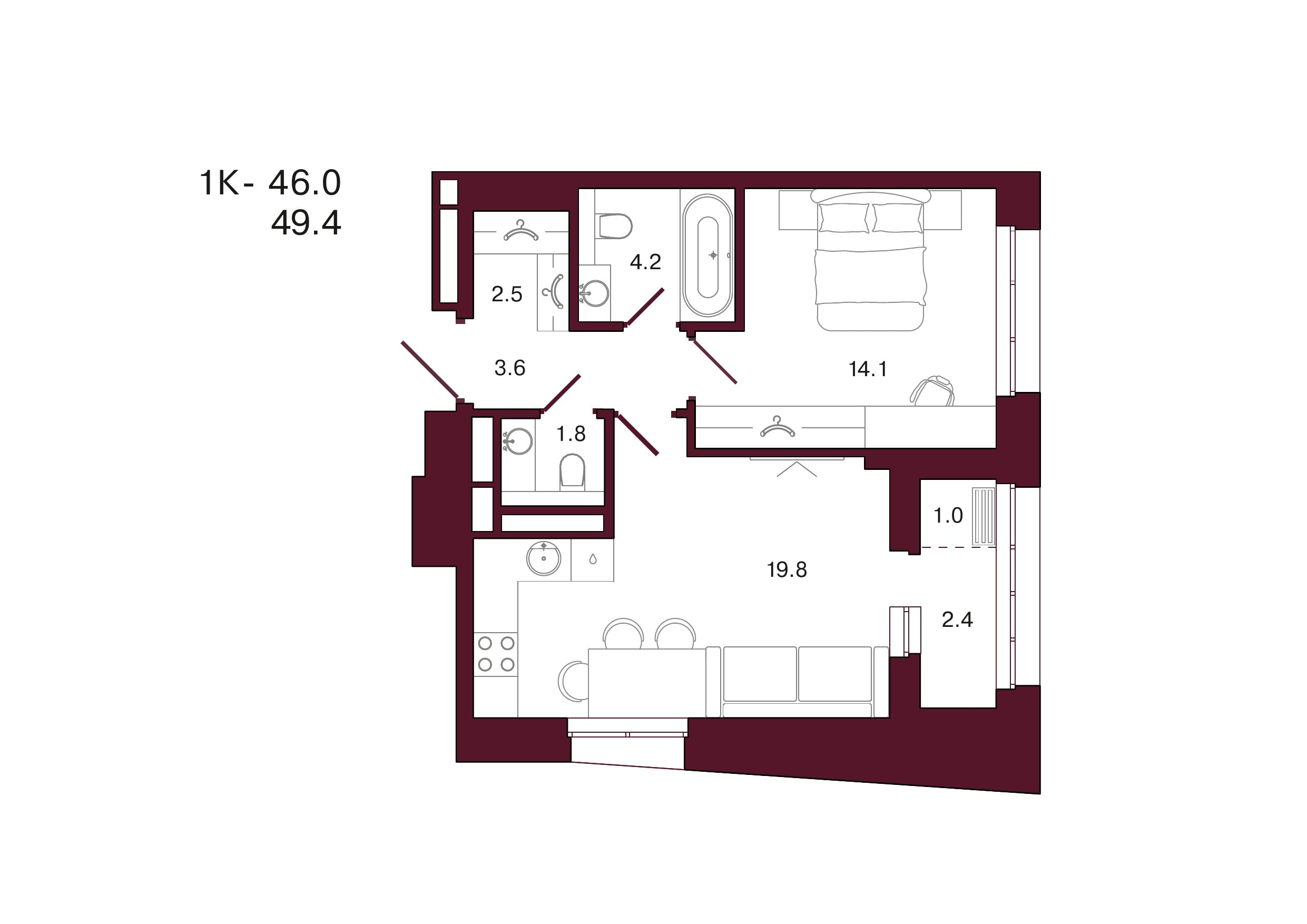 Планировка 1-комнатной квартиры 49,4 м², 9 этаж, башня 3