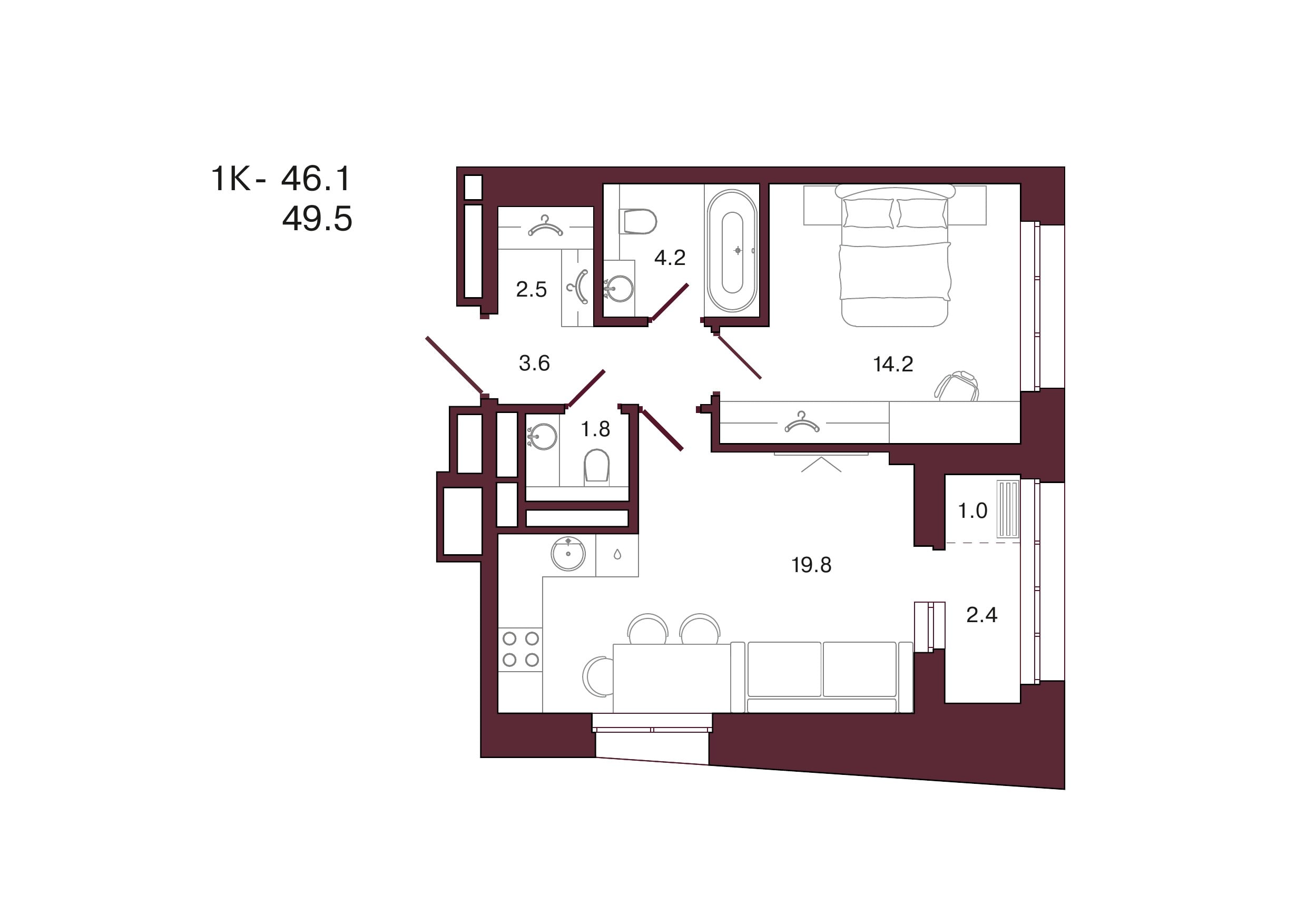 Планировка 1-комнатной квартиры 49,5 м², 7 этаж, башня 3