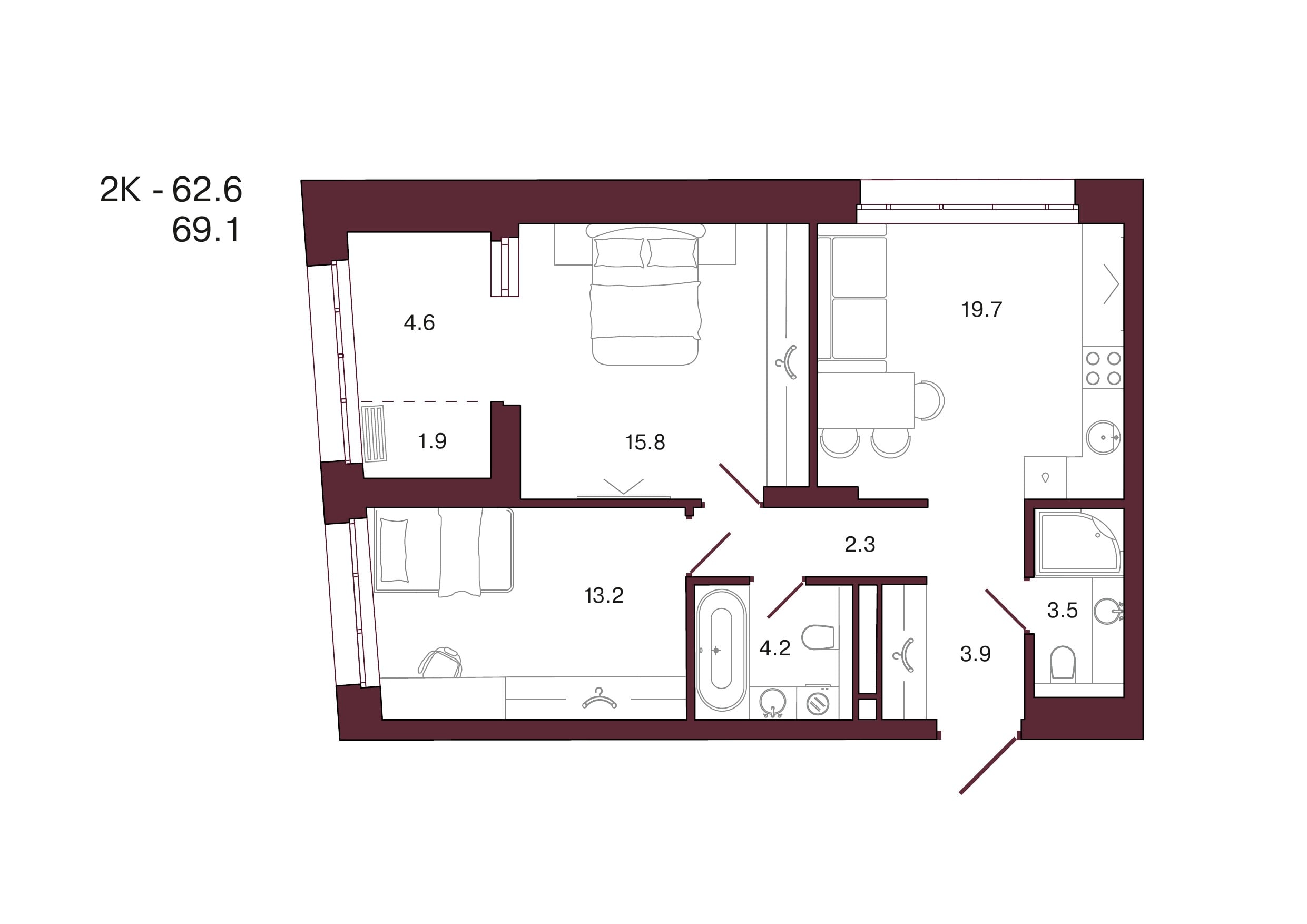 Планировка 2-комнатной квартиры 69,1 м², 8 этаж, башня 3