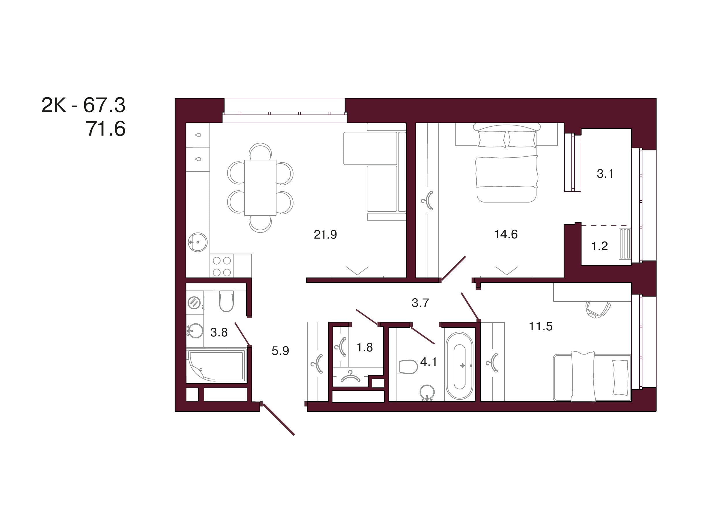Планировка 2-комнатной квартиры 71,6 м², 2 этаж, башня 3
