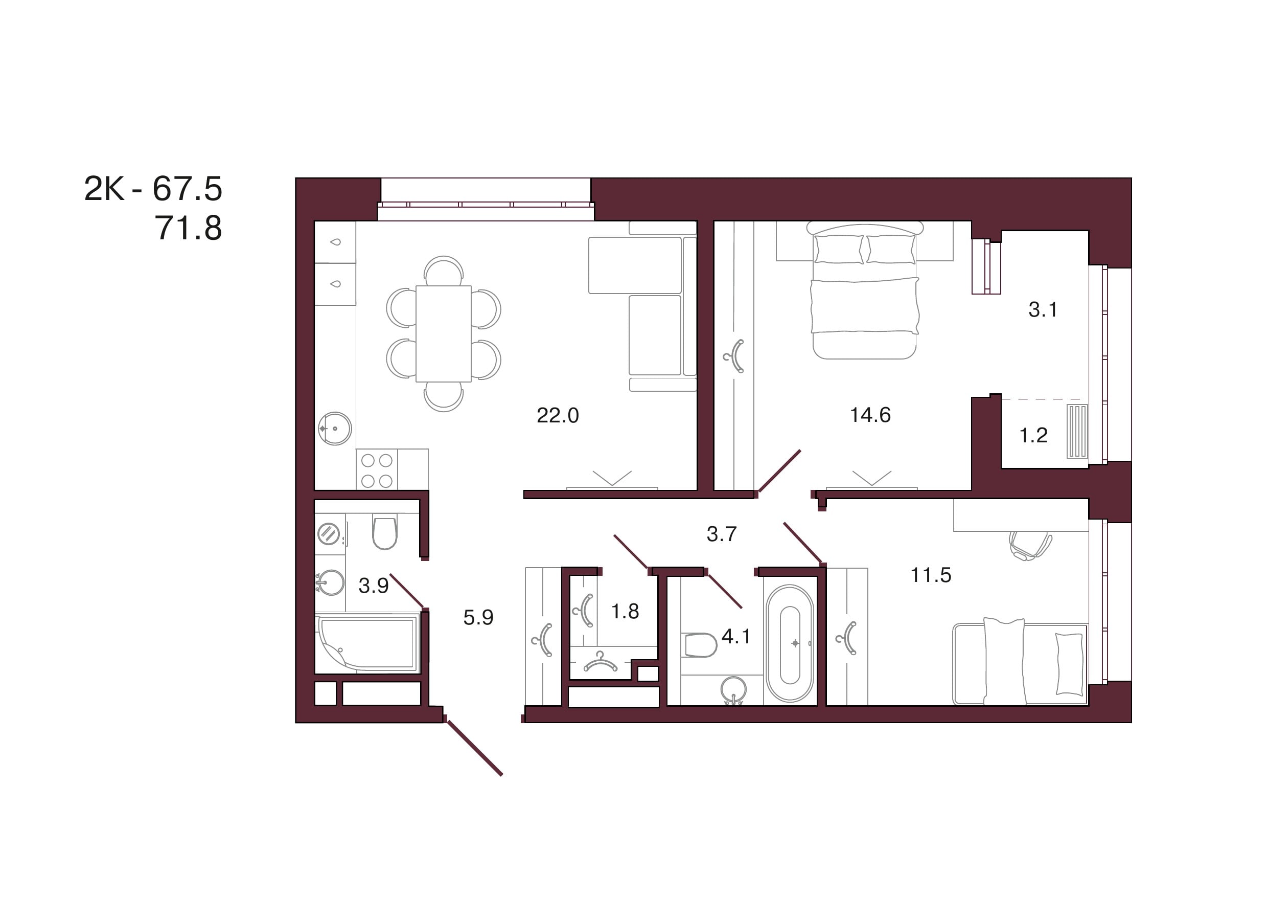 Планировка 2-комнатной квартиры 71,8 м², 7 этаж, башня 3