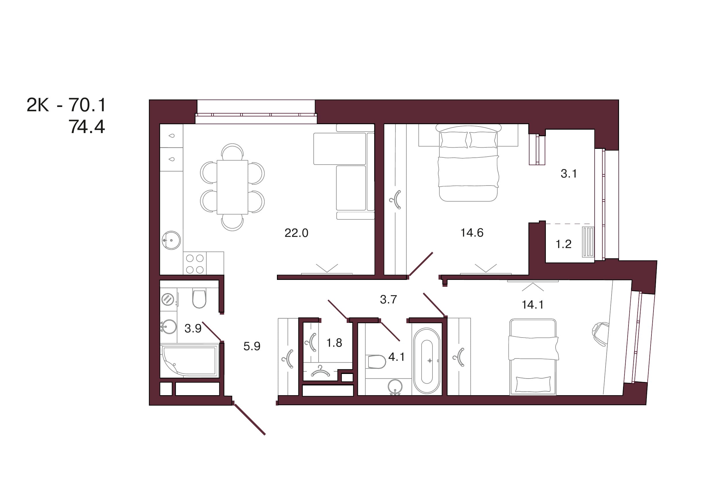Планировка 2-комнатной квартиры 74,4 м², 14 этаж, башня 3