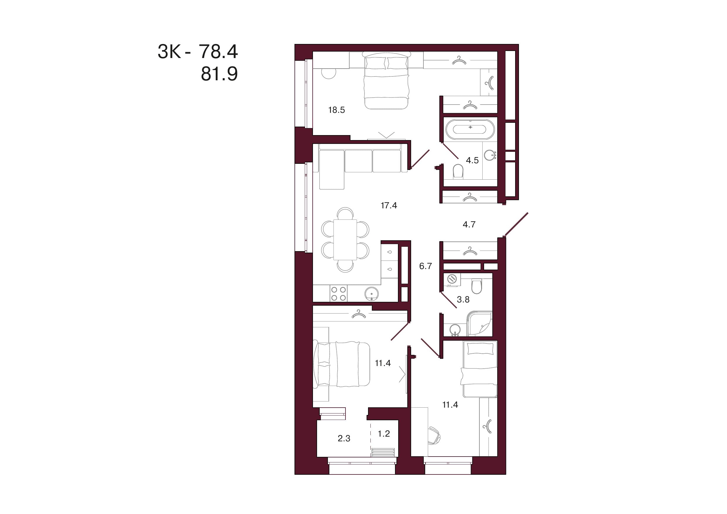 Планировка 3-комнатной квартиры 81,9 м², 3 этаж, башня 3
