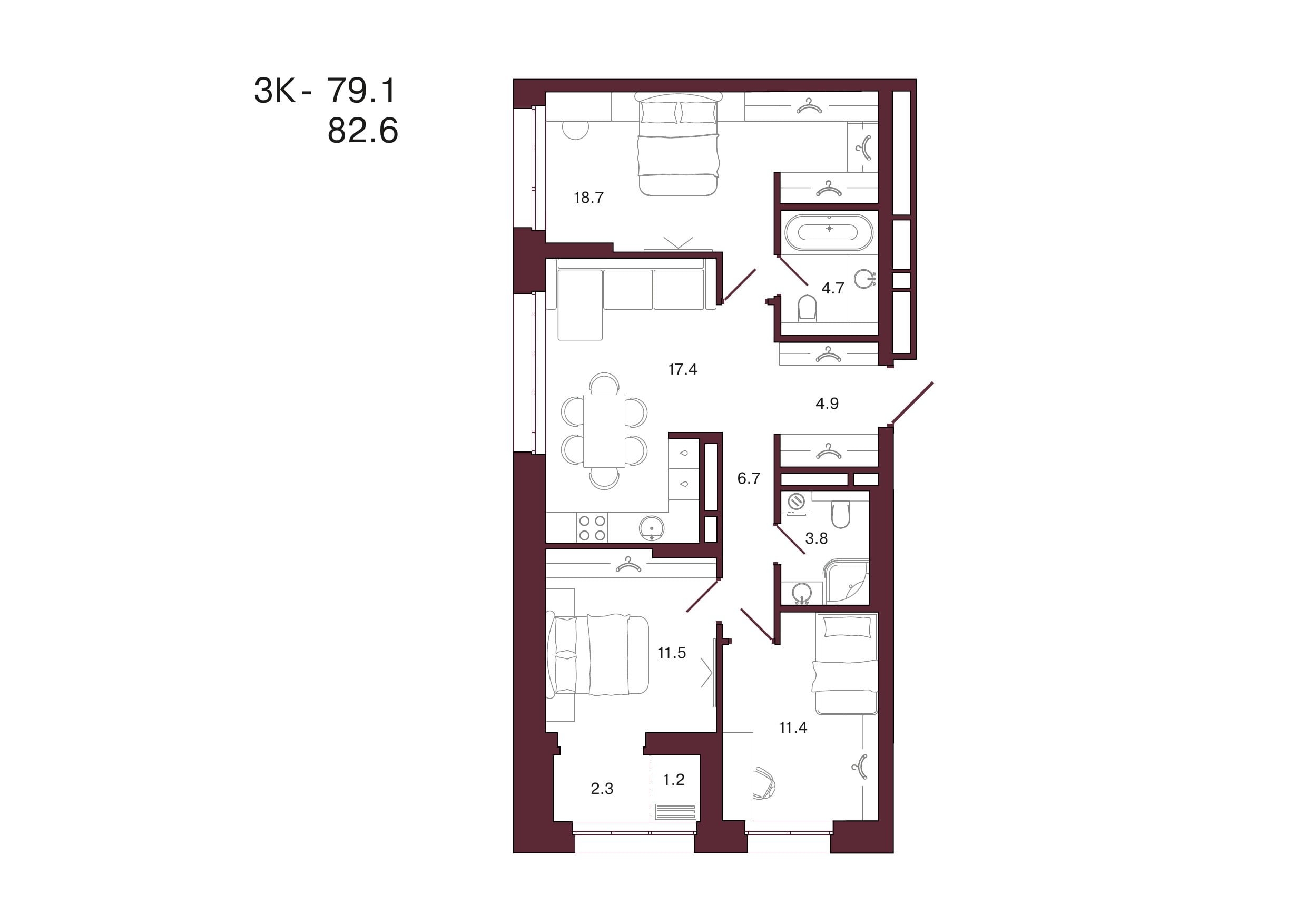 Планировка 3-комнатной квартиры 82,6 м², 10 этаж, башня 3