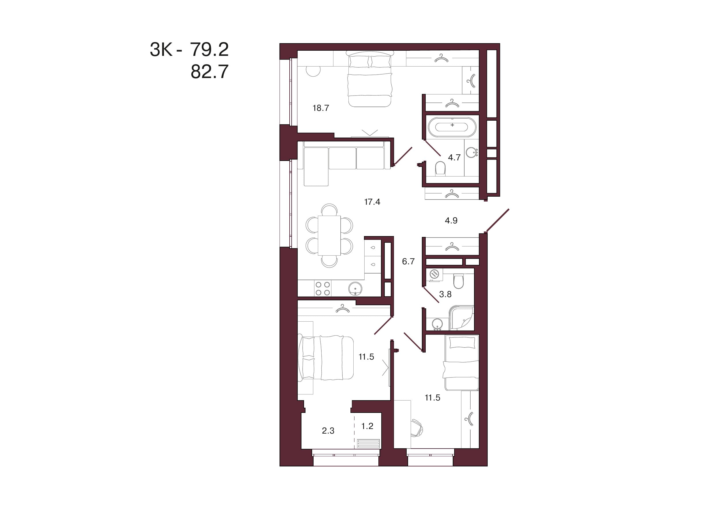 Планировка 3-комнатной квартиры 82,7 м², 7 этаж, башня 3