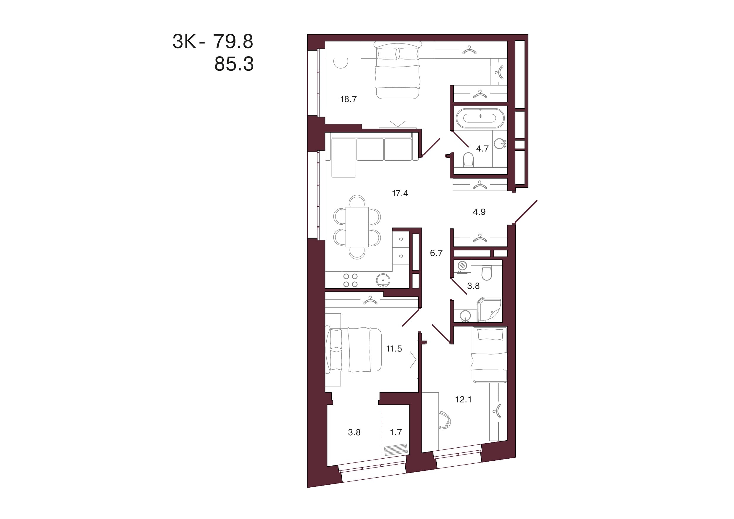 Планировка 3-комнатной квартиры 85,3 м², 13 этаж, башня 3
