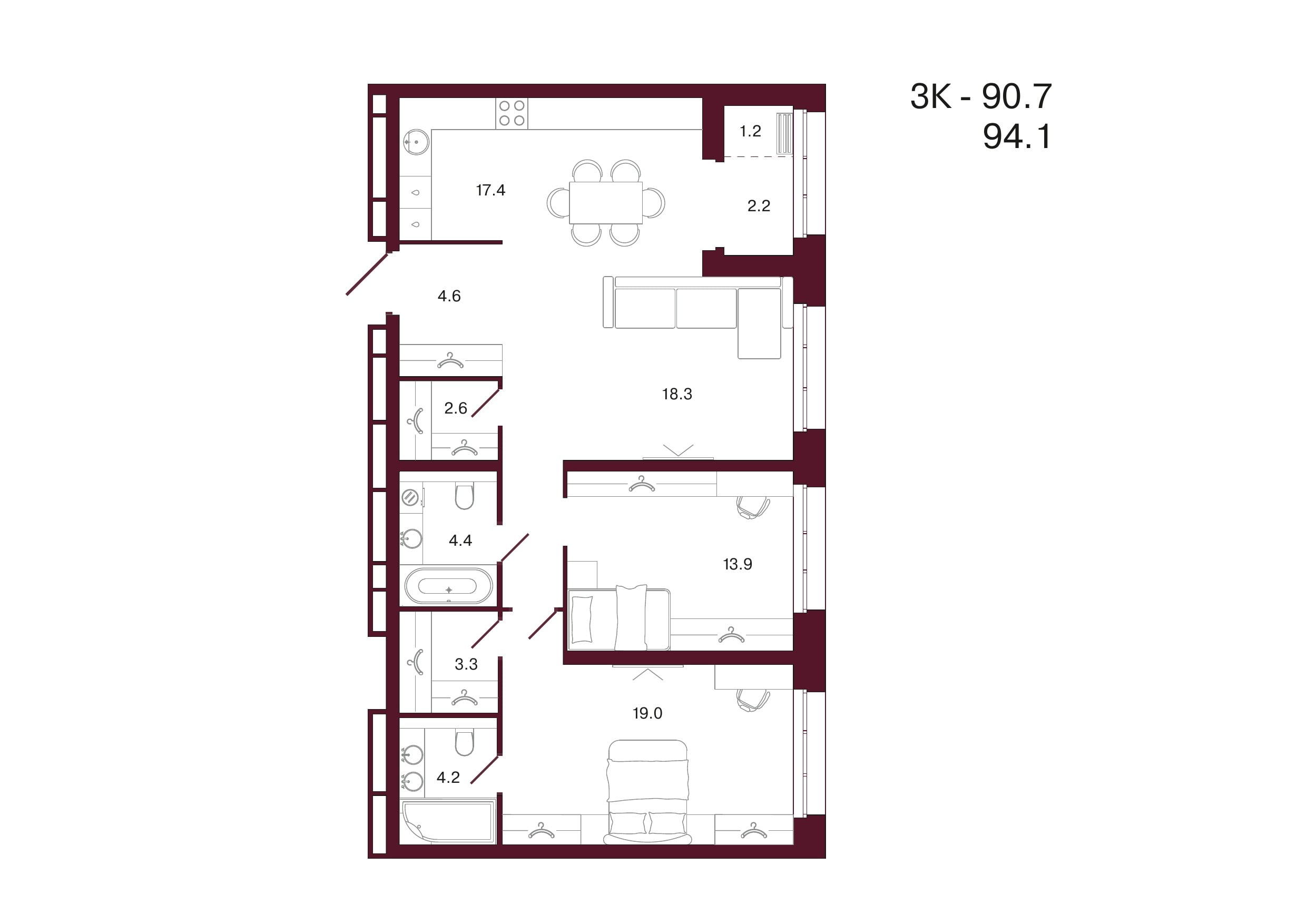 Планировка 2-комнатной квартиры 94,1 м², 2 этаж, башня 3