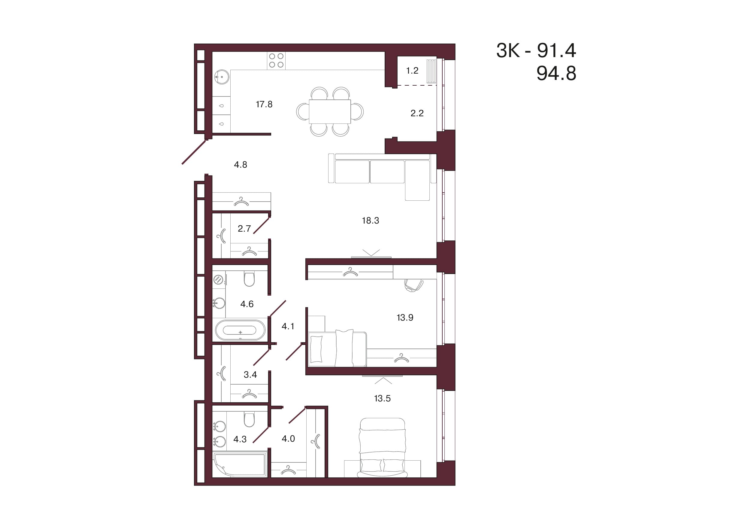 Планировка 2-комнатной квартиры 94,8 м², 7 этаж, башня 3