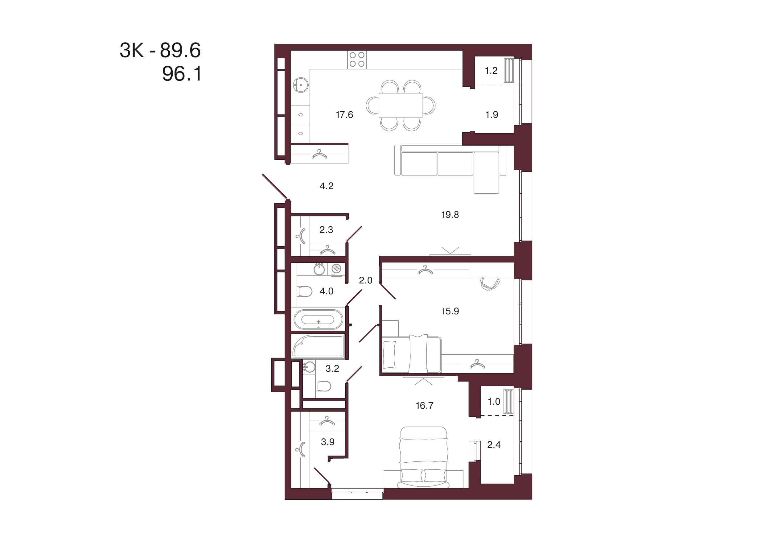 Планировка 3-комнатной квартиры 96,1 м², 17 этаж, башня 3