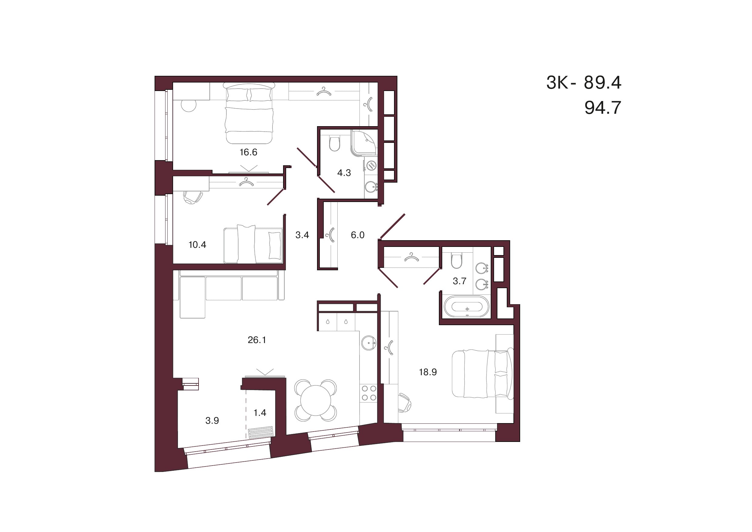 Планировка 3-комнатной квартиры 94,7 м², 8 этаж, башня 1