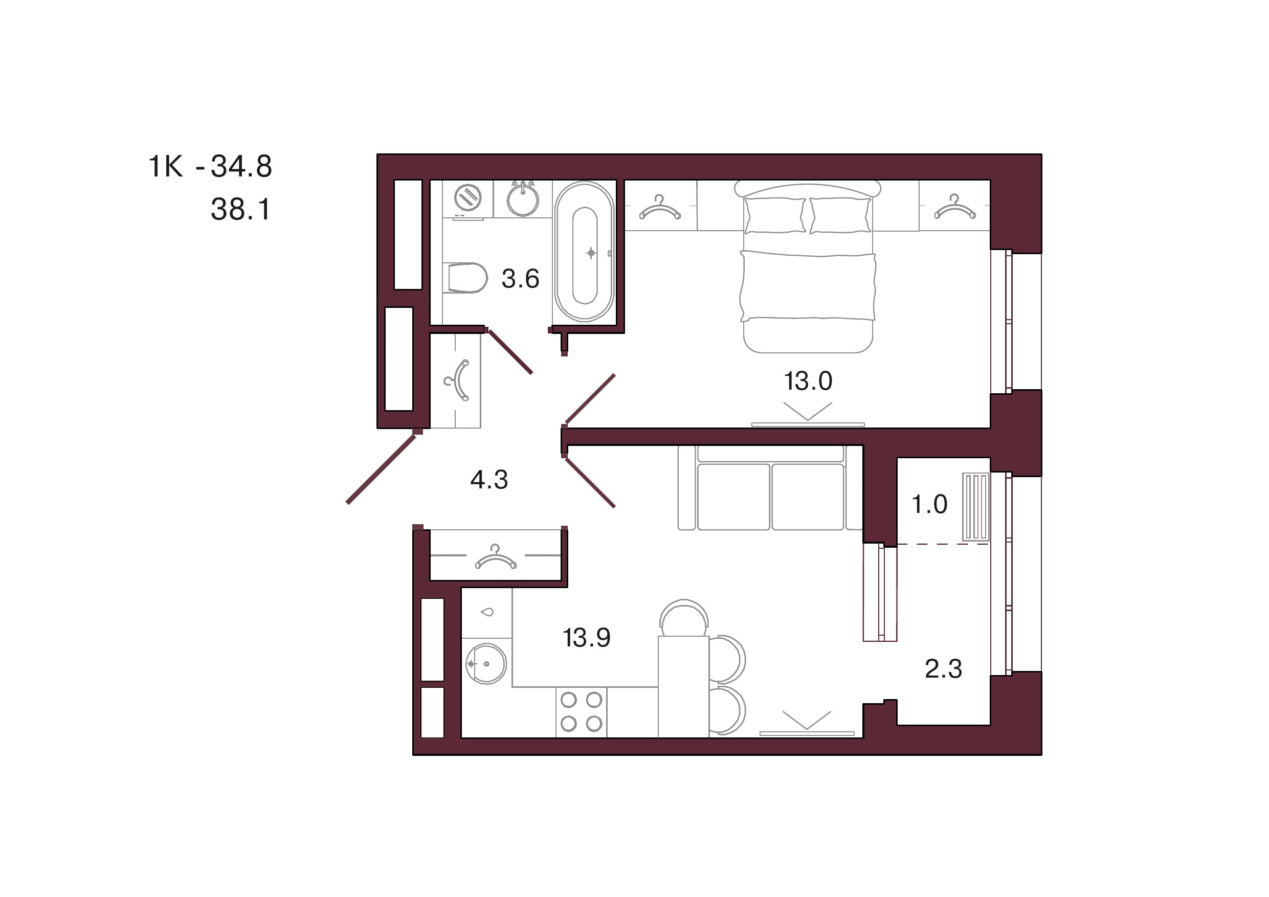 Планировка 1-комнатной квартиры 38,1 м², 3 этаж, башня 1