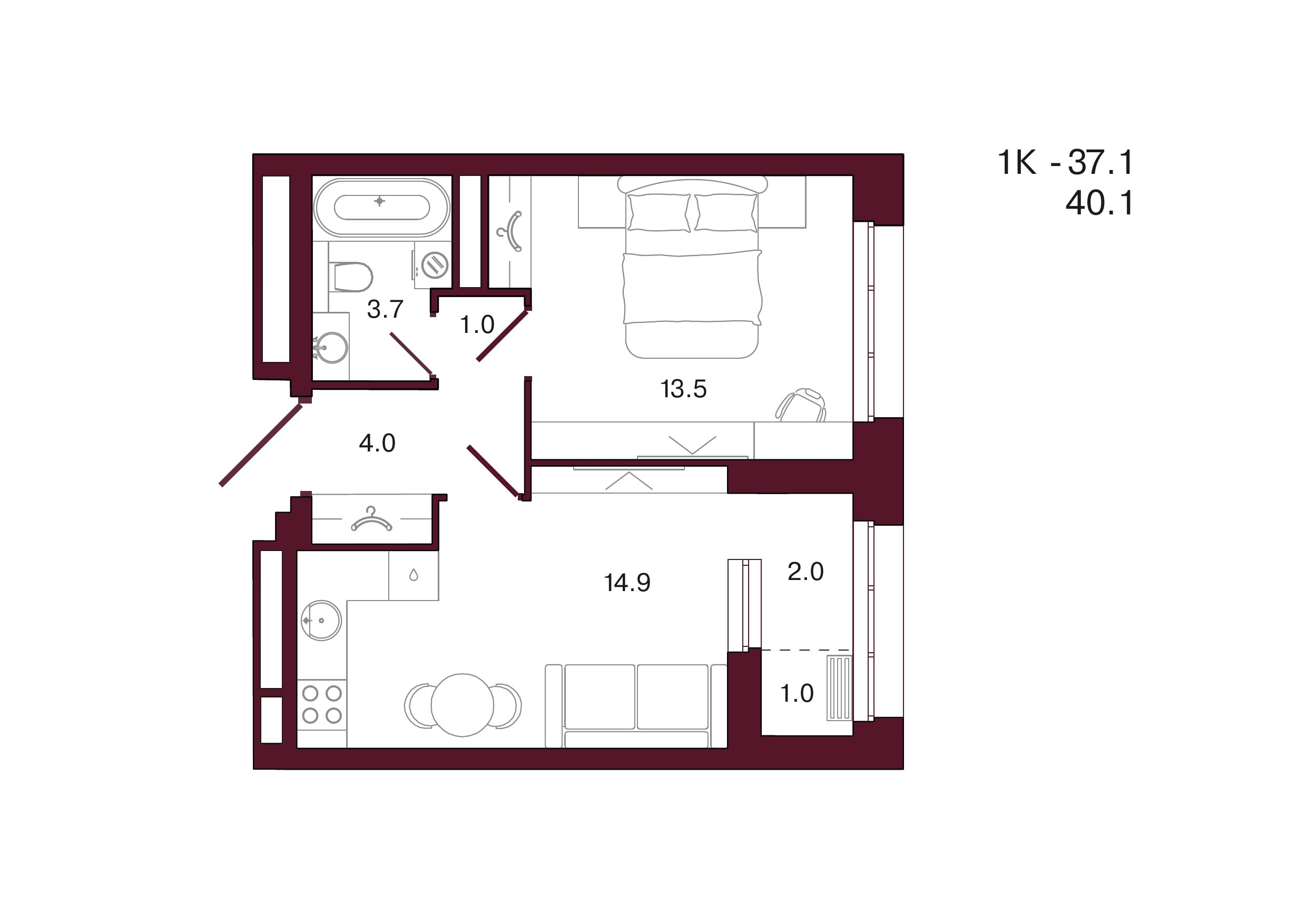 Планировка 1-комнатной квартиры 40,1 м², 4 этаж, башня 2