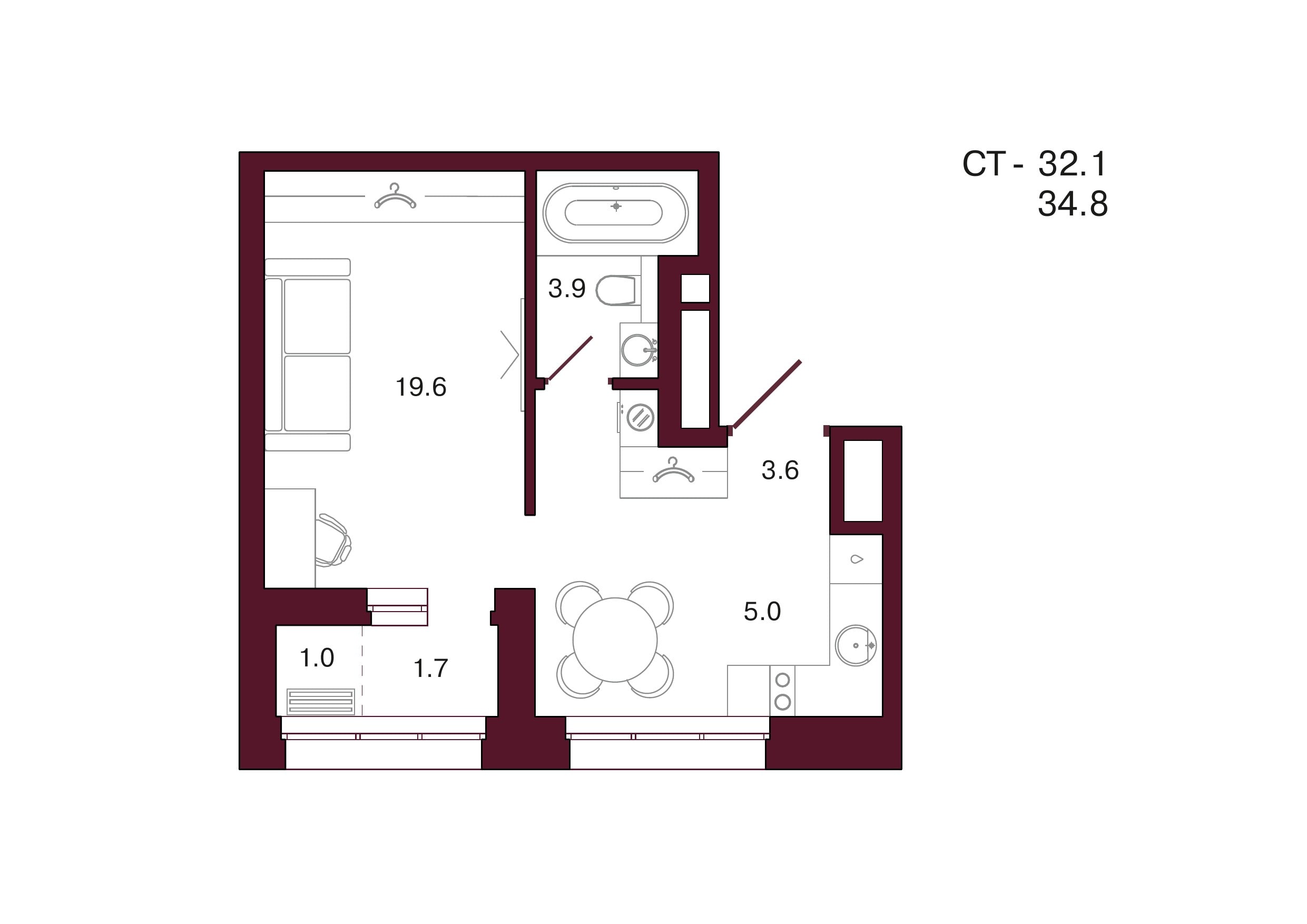 Планировка 1-комнатной квартиры 34,8 м², 3 этаж, башня 3