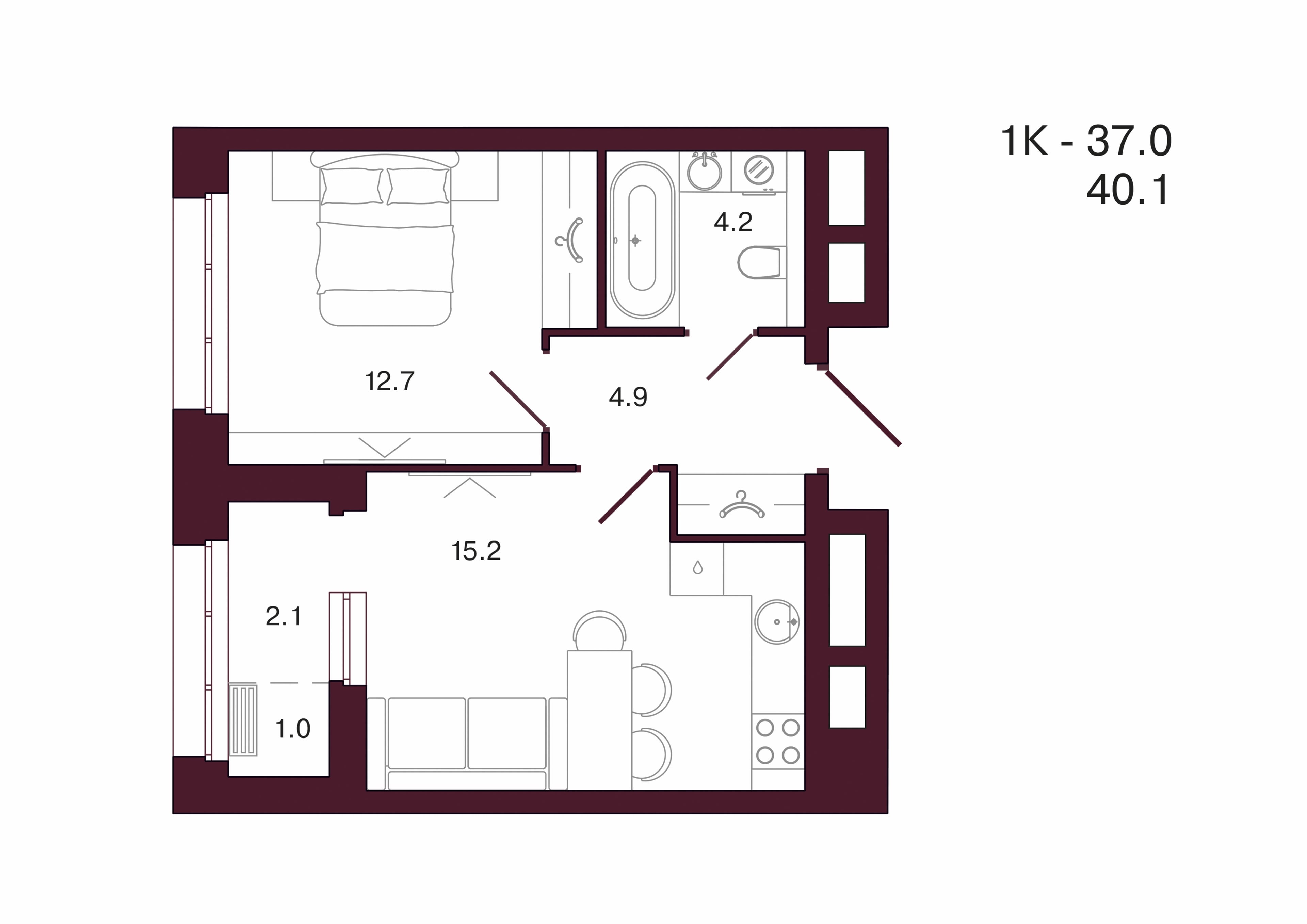 Планировка 1-комнатной квартиры 40,1 м², 9 этаж, башня 2